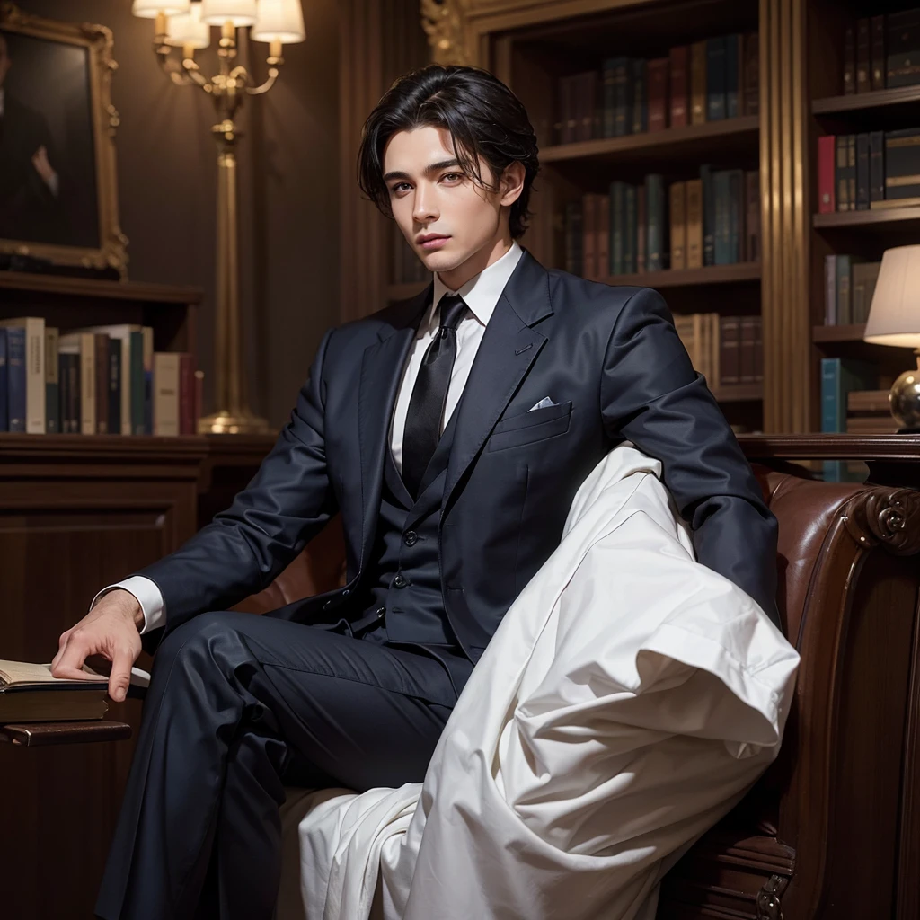 A 25-year-old man, with an elegant and attractive bearing, that reflects both youth and sophistication. His hair is dark brown, thick and slightly wavy, impeccably styled with a side part. His eyes are a deep, penetrating blue., that contrast with his dark hair and give him an intense and charismatic look.
He wears a perfectly tailored suit, befitting someone of his social status. The suit is a dark color, like navy blue or charcoal grey, custom-made with a modern cut that accentuates his athletic figure. wears a high quality white shirt, accompanied by a silk tie in sober tones, like silver grey or deep blue. A luxury watch discreetly peeks out from his wrist, and his black leather shoes are impeccably polished.
His posture is relaxed but confident., with an expression that blends the confidence of youth with the seriousness of someone accustomed to the responsibilities of a wealthy family. The background could suggest a luxurious environment, perhaps a library with shelves filled with ancient books or a living room decorated with classical art, that underlines his refined upbringing and education.