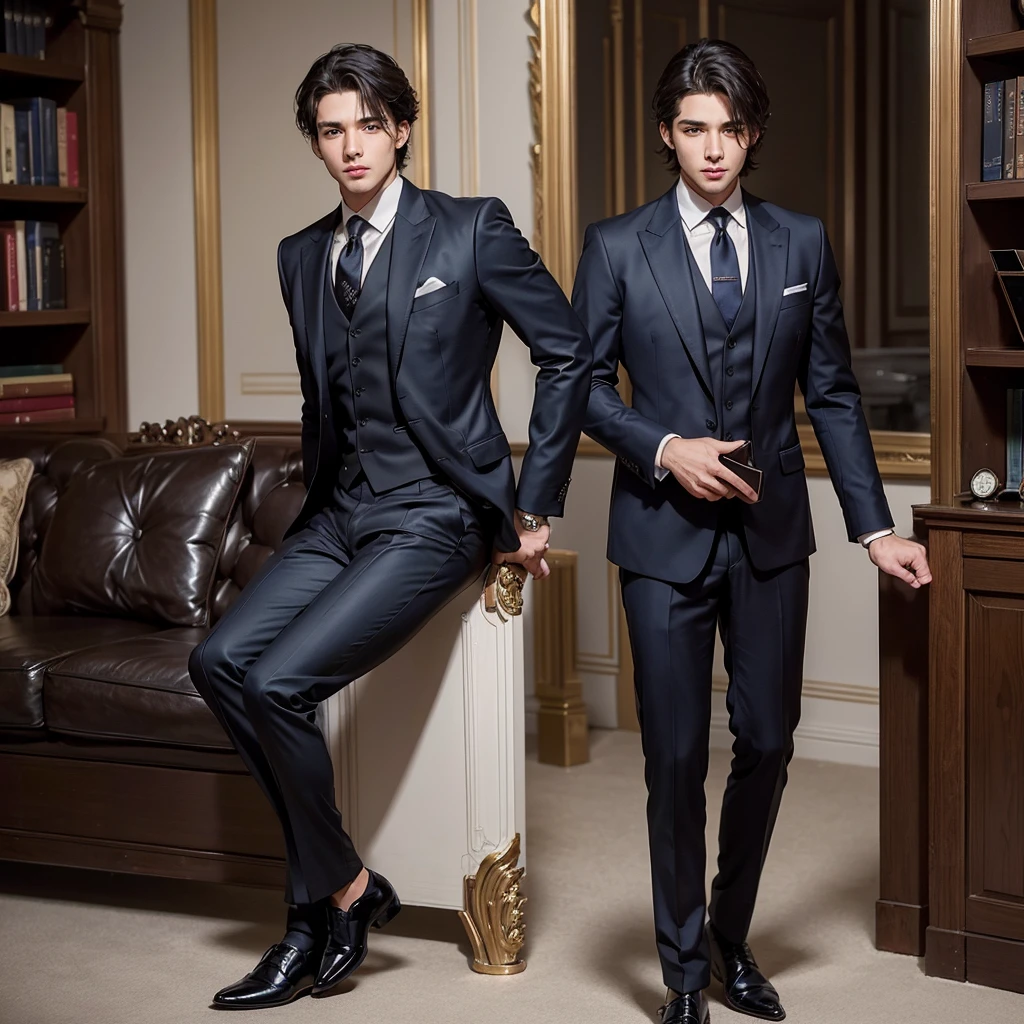 A 25-year-old man, with an elegant and attractive bearing, that reflects both youth and sophistication. His hair is dark brown, thick and slightly wavy, impeccably styled with a side part. His eyes are a deep, penetrating blue., that contrast with his dark hair and give him an intense and charismatic look.

He wears a perfectly tailored suit, befitting someone of his social status. The suit is a dark color, like navy blue or charcoal grey, custom-made with a modern cut that accentuates his athletic figure. wears a high quality white shirt, accompanied by a silk tie in sober tones, like silver grey or deep blue. A luxury watch discreetly peeks out from his wrist, and his black leather shoes are impeccably polished.

His posture is relaxed but confident., with an expression that blends the confidence of youth with the seriousness of someone accustomed to the responsibilities of a wealthy family. The background could suggest a luxurious environment, perhaps a library with shelves filled with ancient books or a living room decorated with classical art, that underlines his refined upbringing and education.