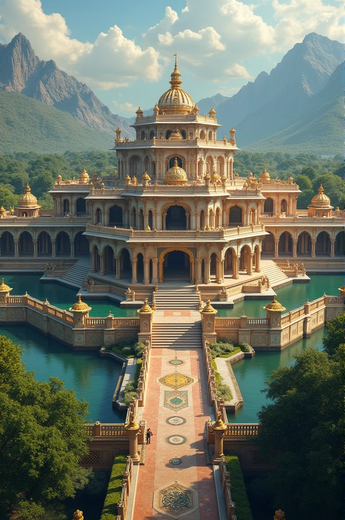 A serene and picturesque depiction of Ponta Sahib, a historic Sikh gurdwara located in the town of Ponta Sahib in Himachal Pradesh, India. The image features the elegant and spacious Gurudwara building with its distinct white and gold architectural details. The surrounding landscape includes lush green hills and tranquil natural beauty, with a peaceful pond or garden area in front of the gurdwara. Devotees in traditional Sikh attire are seen walking peacefully around the gurdwara, adding a sense of reverence and spiritual ambiance. The scene captures the harmony between the sacred structure and its natural surroundings, highlighting the calm and spiritual atmosphere of Ponta Sahib