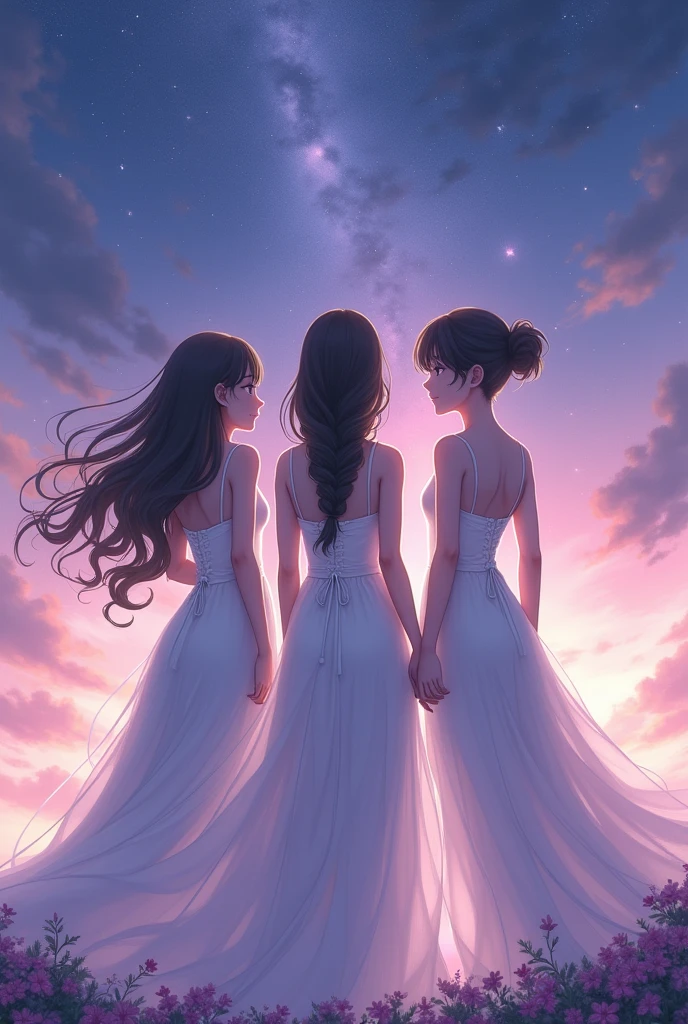 Three real realistic anim ladies standing backwards looking away, wearing pretty white dresses, first one has long hair, second one has braids, third one has short hair, the background is pastel purple/dark blue with stars