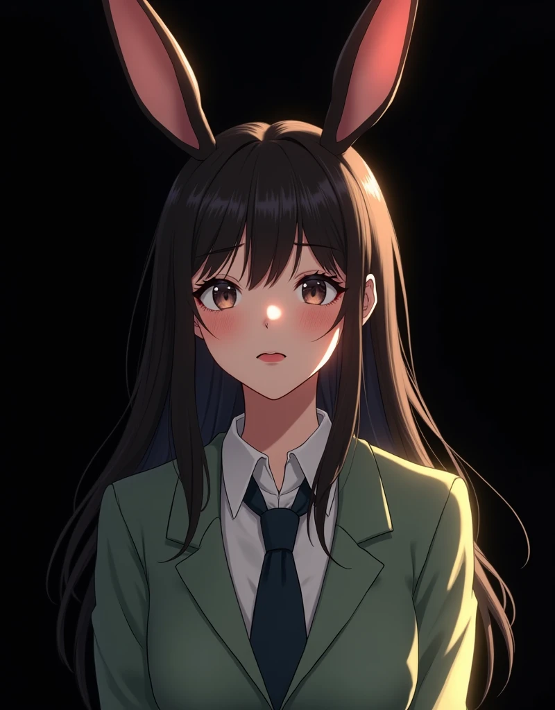 (best quality,4k,8k,highres,masterpiece:1.2),ultra-detailed,(realistic,photorealistic,photo-realistic:1.37),detailed portrait of a korean girl with ulzzang features,perfect detailed facial features,beautiful eyes,nose,and lips,long eyelashes,bunny ears,black background,full body shot,arms behind back,intricate details,cinematic lighting,highly saturated colors, ((anime)), 