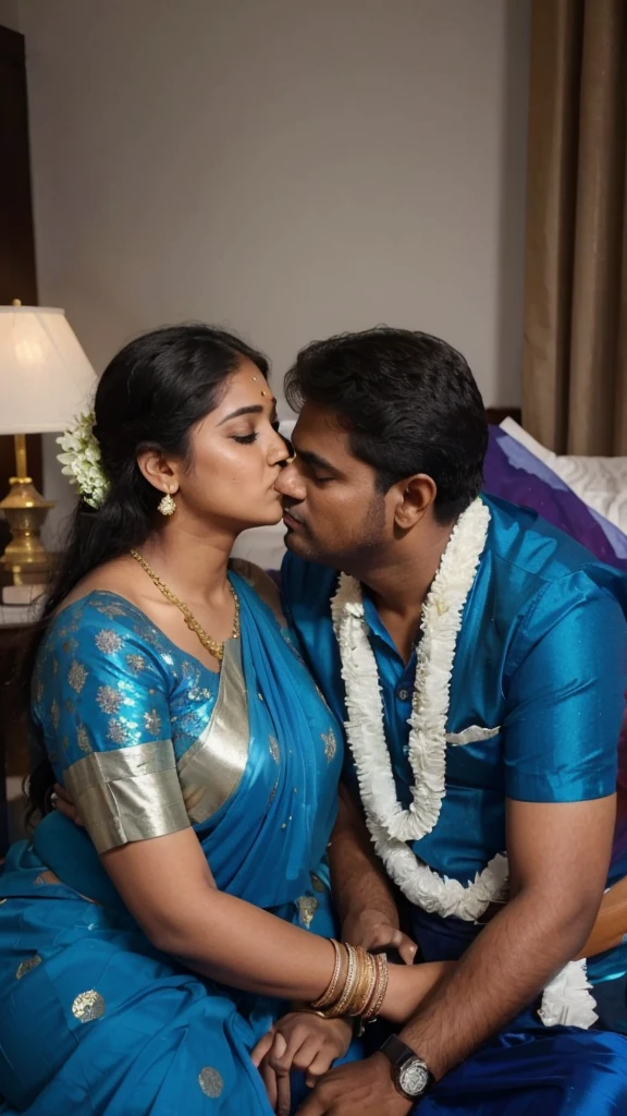 A 25 year old beautiful South Indian plus sized blue colour glittered skirt and blue colour chiffon blouse wearing teacher and her friend kissing a 68 year old man in bed room, 