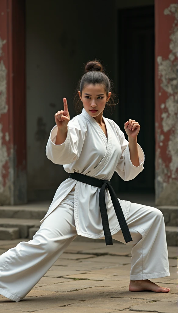 Realistic busty 35yo woman,Karateka,shaolin temple,ultimate form,8k,erotic obscene Performance