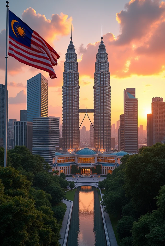 a big malaysia flag,klcc tower,kuala lumpur cityscape,detailed architecture,realistic 3d render,dramatic lighting,dynamic angle,beautiful vibrant colors,cinematic,ultra-detailed,8k,high resolution,photorealistic,detailed clouds,stunning sunset sky,reflecting pool,lush greenery,sharp focus,hdr