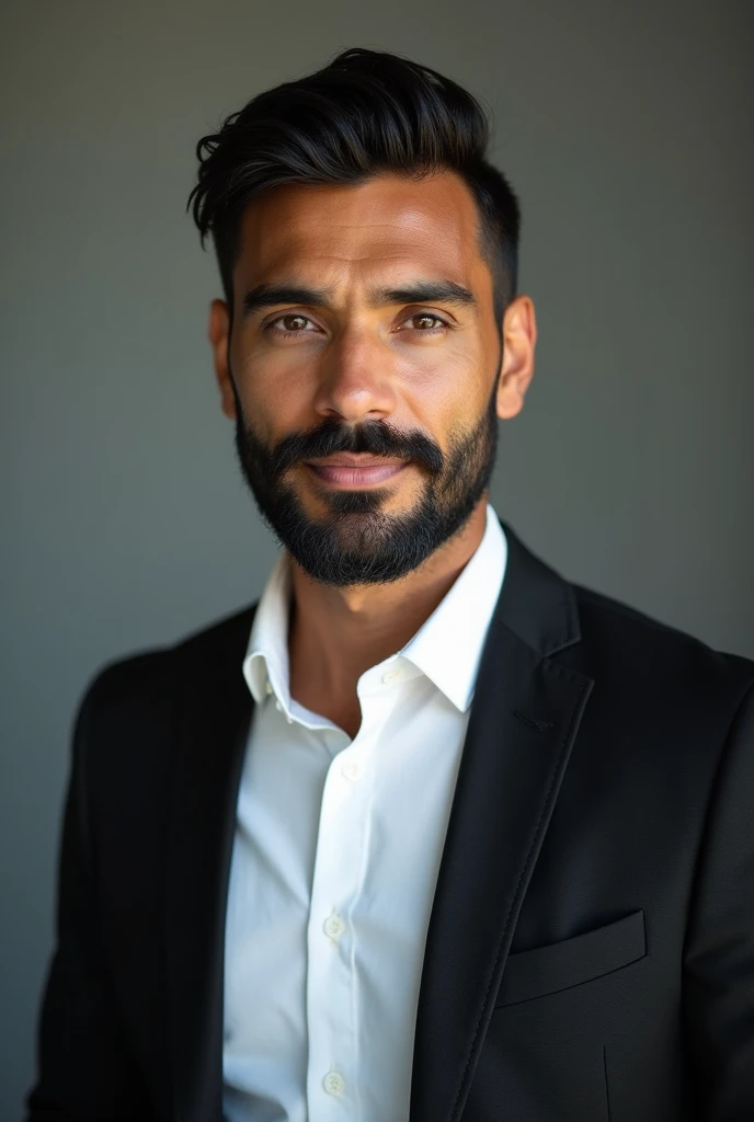 A 35 year old man, Executive, dark-skinned Brazilian, rounded face, combed hair and beard, small ear, in a professional photo shoot with professional lighting, wearing a white dress shirt and black blazer, Close-up showing his leadership personality. Show whole body in pose