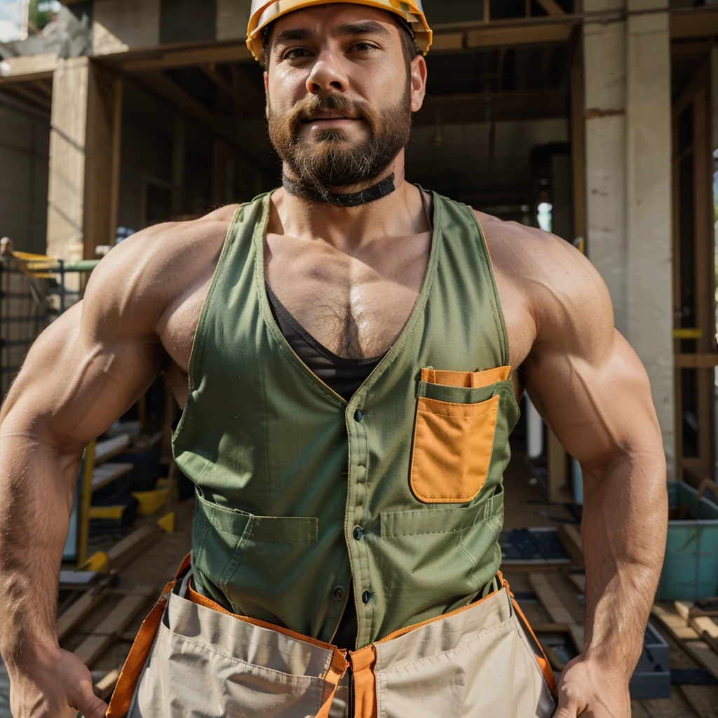 Muscular, hairy, male, beard, (((construction outfit))), open construction vest, green construction vest, construction helmet