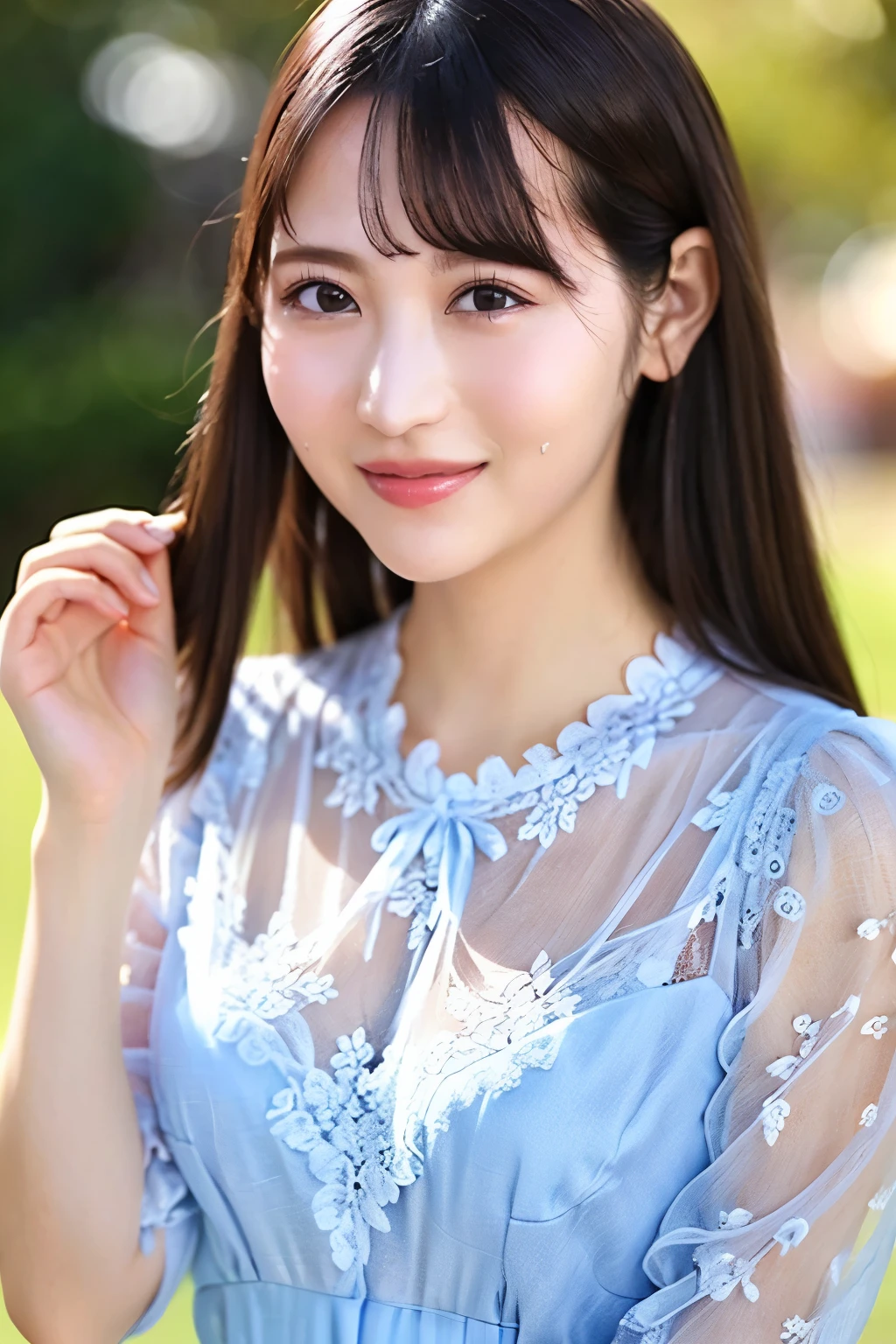 (Highest quality、masterpiece、8k、Best image quality、Hyperrealism、Award-winning works)、(nose:1.2)、(Elegant lace sheer blouse:1.1)、(A beautiful, subtly blurred background of an elegant park:1.3)、(Standing Elegantly:1.1)、Accurate anatomy、Perfect Makeup、Long eyelashes、Glossy Lips、Ultra HD glossy skin、(Ultra-high resolution, bright and beautiful skin:1.1)、(very bright and vivid:1.1)、超高精細のGlossy Lips、Ultra-high resolution beautiful teeth、(very bright and vivid:1.1)、(Cute smile:1.1)