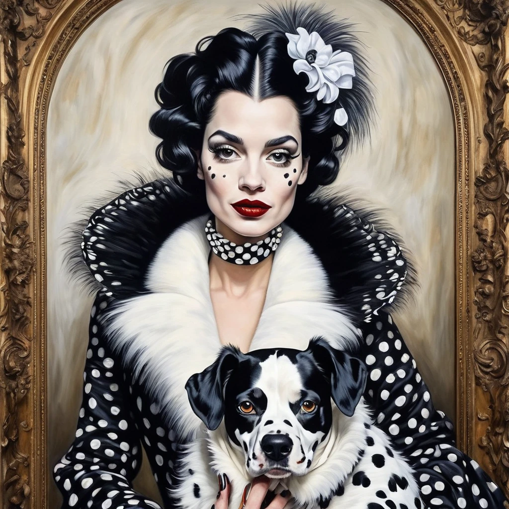 artwork, best quality, Extremely detailed, Surrealism, Reality, painting, Baroque art, Rubens style, Beautiful model Cruella de Vil (Cruella de Vil) Half black, half white, Black spotted fur of a 1920s British Dalmatian
