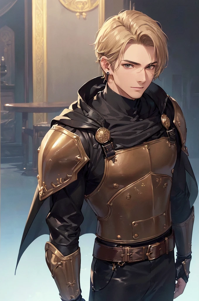 (((masterpiece; best quality: 1.2))), (detailed eyes: 1.3), ((1 young man)), ((solo)), (brown eyes: 1.4), (body shape; lean, masculine, manly face: 1.3), (short blond hair: 1.3), (clear background: 1.2), ((depth of field)), (equipment: masculine adventurer garb + hard-leather armor + black tunic + black cape +black stud earring: 1.3), (anime illustration: 1.2), (background composition; fantasy tavern interior + furniture: 1.1), (handsome: 1.1), (shot composition; standing + centered on face + bust close-up: 1.5), (facial expression; calm + smile: 1.2)