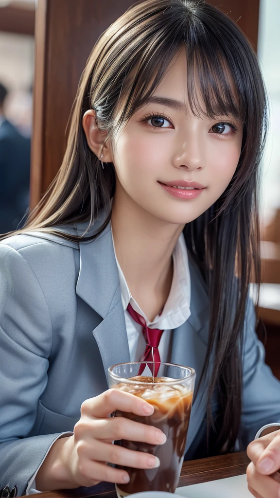 ((masterpiece, Highest quality, High resolution)), 1 Japanese person, (Realistic: 1.4), smile、Great face,Glossy lips、, Silver Hair、Silver Hair、Silver Hairのポニーテール(Beautiful Hair:1.5), (Navy Blue Blazer、Navy blue jacket)、(White dress shirt)、(Red tie)、At the cafe、Sitting on a chair、(Holding a glass with realistic hands and fingers)、(Drinking iced coffee)、Staring、Face is front、The body is frontal、Angle from the front, Smooth, Highly detailed CG composite 8K wallpaper, High resolution RAW color photos, Professional photography, Light, BackLight, impressive, Written boundary depth, (Face close-up:1.4)