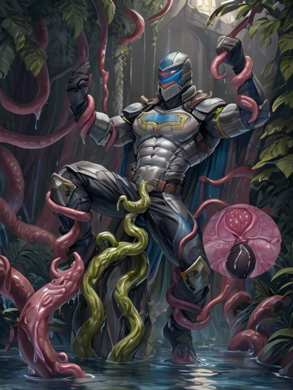 Superhero, hero, strong and robust male, Armor, Tentacle entanglement, uniform, Binding hands togethe, Foreign object invasion, monster breeding, wet, slime, tentacles, slimy tentacles, monster and human breeding, Tentacles wrapped around the body, Insert tentacles into the body, Blocked mouth by tentacles, Both hands are bound, The reproductive organs are covered in tentacles, The chest was torn apart by tentacles, Tentacles penetrate deep into clothes, Wearing pants completely, Complete wearing of trousers, Do not expose the reproductive organs, Do not touch the lower body, The sexual organs do not become erect