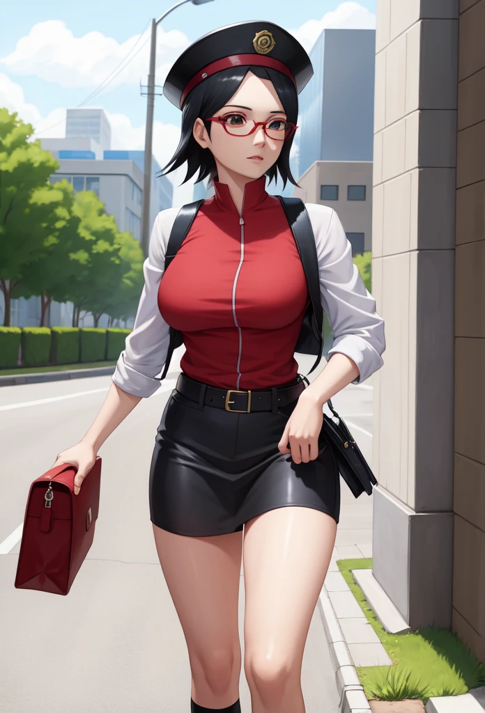 Masterpiece,Solo,1Girl,Sarada Uchiha,(Boruto),Big Breasts,Perfect Body,Best Quality,High Resolution,Photograph 16K,Ultra Detailed,Short Hair,Glasses,Black Hair,Beautiful,Beautiful Girl,Street Version,Blonde Hair,Female Police Theme,Female Police Uniform,Police Short Skirt,Police Hat