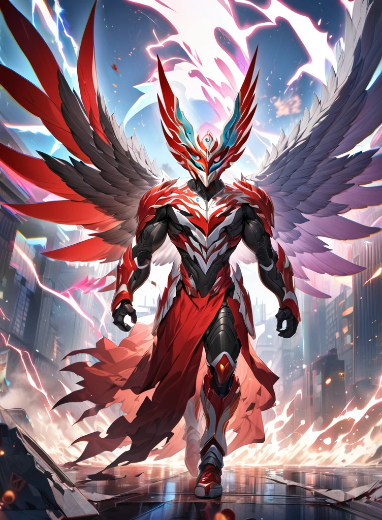 Full body view, far view, symetrical,absurdres, highres, ultra detailed, HDR, masterpiece, extremely detailed face and eyes,,,red and white Kamen rider ryuki, epic eagle garuda mask, cool wings,  , solo, man, handsome, ,, , Epic fight scene, colorful splashing effect,colorful lightning effect,glowing glitters, explosive effect