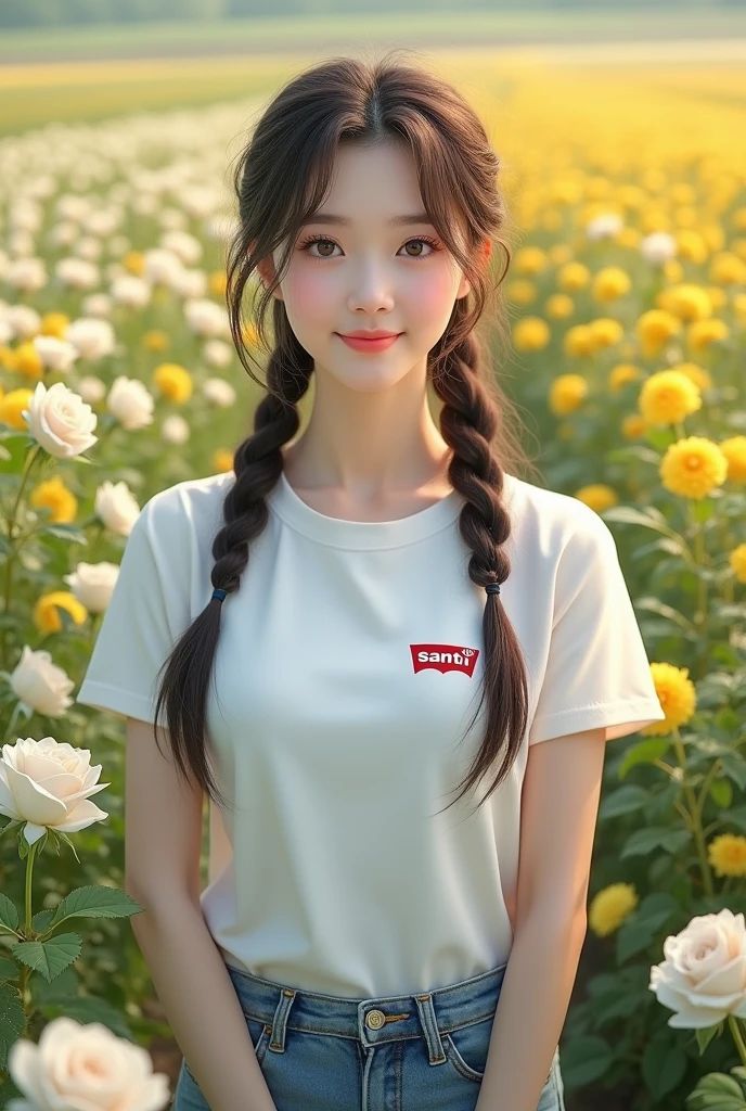 1 girl, Korean with beautiful skin, well-groomed face, flowers, , roses, solo, outdoor, field, white short t-shirt, Santi logo shirt, holding, braided hair, field of flowers, ,Levis pants, realistic, brown hair, smiling, eyes brown, black hair, long, twintails, looking towards the viewer, standing, yellow flowers
