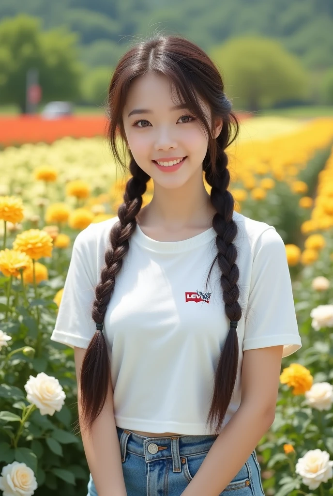1 girl, Korean with beautiful skin, well-groomed face, flowers, , roses, solo, outdoor, field, white short t-shirt, Santi logo shirt, holding, braided hair, field of flowers, ,Levis pants, realistic, brown hair, smiling, eyes brown, black hair, long, twintails, looking towards the viewer, standing, yellow flowers
