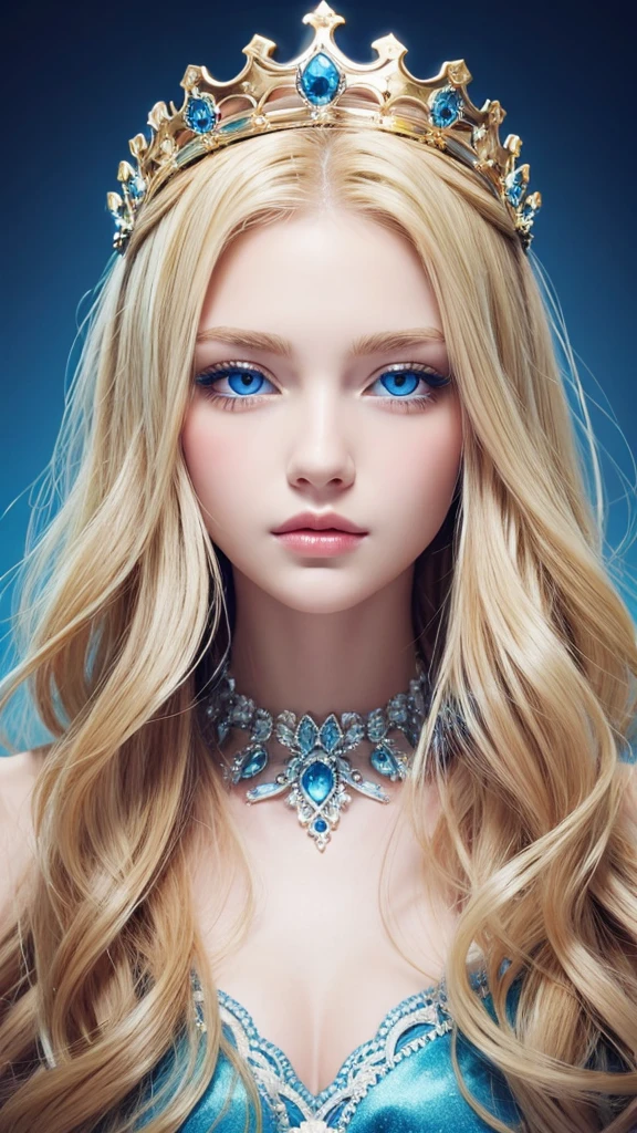 blue eyes, crown、Long Hair, Blonde, Illustration, 