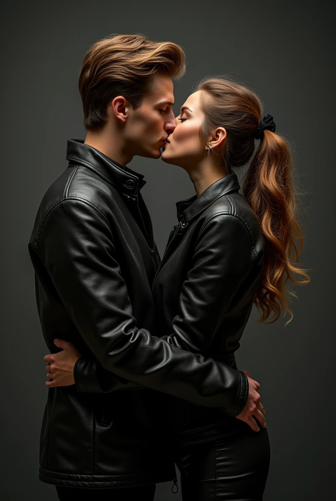 masterpiece, Great clothes, (figure), ((2 people, 2 woman )), ((good looking Young Couple Kissing and Hugging), (Russian Mill Style), fashion, leather jacket, (Long Hair), (Happy), (White skin), (Bear), good looking, , toast, tendency, dark grey,, close, (Spectacular Background), (Chiaroscuro)), Fine facial details, Facial details, Cinema Lighting, (Depth of written boundary), Ultra-high resolution, (Upper Body), Black background