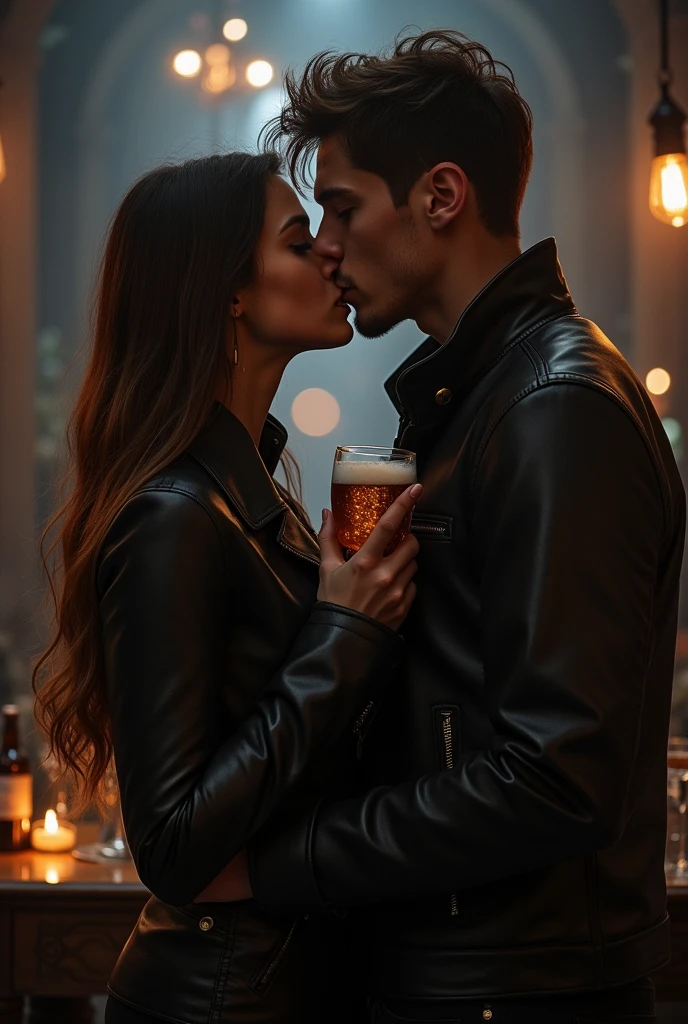 masterpiece, Great clothes, (figure), ((2 people, 2 woman )), ((good looking Young Couple Kissing and Hugging), (Russian Mill Style), fashion, leather jacket, (Long Hair), (Happy), (White skin), (Bear), good looking, , toast, tendency, dark grey,, close, (Spectacular Background), (Chiaroscuro)), Fine facial details, Facial details, Cinema Lighting, (Depth of written boundary), Ultra-high resolution, (Upper Body), Black background