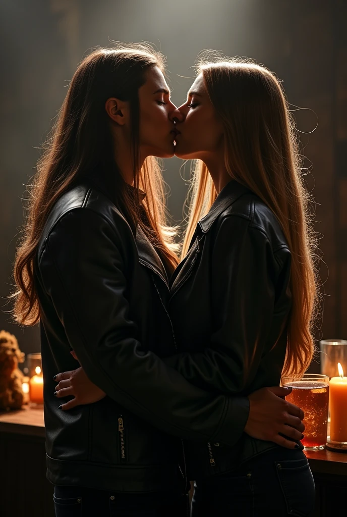 masterpiece, Great clothes, (figure), ((2 people, 2 woman )), ((good looking Young Couple Kissing and Hugging), (Russian Mill Style), fashion, leather jacket, (Long Hair), (Happy), (White skin), (Bear), good looking, , toast, tendency, dark grey,, close, (Spectacular Background), (Chiaroscuro)), Fine facial details, Facial details, Cinema Lighting, (Depth of written boundary), Ultra-high resolution, (Upper Body), Black background