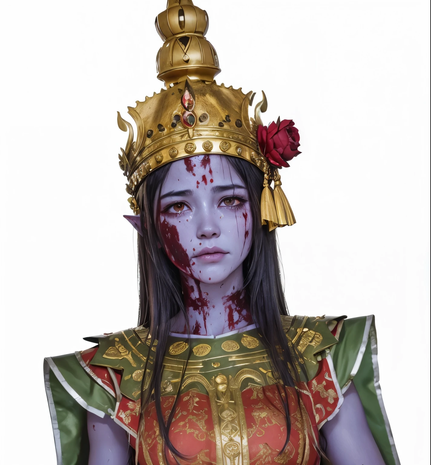 A face covered with blood and wounds，The expression is terrifying，A smile on the corner of the mouth，Bleeding from under the eyes，Scars all over his face，Woman with a golden crown on her head,The expression is hideous， sukhothai costume, Beautiful elf with purple skin, Reality Epic, Woman crying (Goat horns 1. 2), Sad look, Deeply sorrowful facial expression, Red and swollen eyes, frown, Red Nose, Moist cheeks, half-open mouth (Blood and tears 1. 2), (Bloodstains on the face 1. 4), (Hidden Shot: 1. 4), Black Hair, Beautiful, delicate eyes and ears, Dramatic Lighting, style, Gothic art, black eyes, French painter Alexandre Cabanel, painting, (Realistic details), Gothic lighting, Dim Lights, gloomy