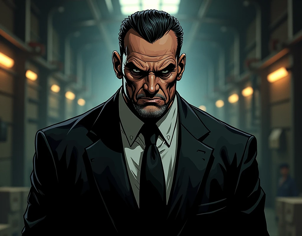American comic book style, old caucasian man, 50s, short black slick back hair, triangular face, mean face, black eyes, piercing gaze, long nose, small mouth thin lips, clean shaven, endomorph body type in shape, tall, (wearing a normal traditional black suit with a normal black tie), (draw entire body down to feet), in a warehouse, comic book drawing, Comics Americans, vignetting, vanishing point, wide shot, UHD, masterpiece, accurate, anatomically correct, textured skin, super detail, high details, high quality, award winning, best quality, highres