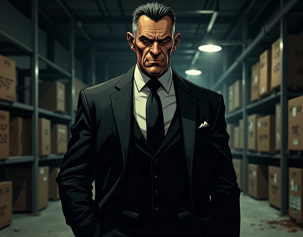 American comic book style, old caucasian man, 50s, short black slick back hair, triangular face, mean face, black eyes, piercing gaze, long nose, small mouth thin lips, clean shaven, endomorph body type in shape, tall, (wearing a normal traditional black suit with a normal black tie), (draw entire body down to feet), in a warehouse, comic book drawing, Comics Americans, vignetting, vanishing point, wide shot, UHD, masterpiece, accurate, anatomically correct, textured skin, super detail, high details, high quality, award winning, best quality, highres