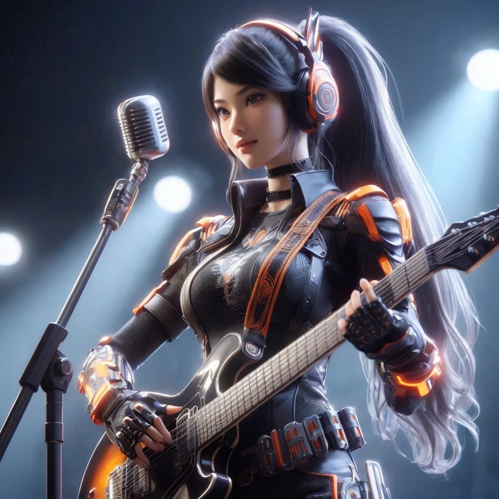 Top Quality, Masterpiece, Ultra High Resolution, (Photorealistic: 1.4), Raw Photo, 1 Girl, Black Hair, Glossy Skin, 1 Mechanical Girl, (((Ultra Realistic Details)), Portrait, Global Illumination, Shadows, Octane Rendering, 8K, Ultra Sharp, Intricate Ornaments Details, realistic skin, sweat effect, ((wearing Headphone)), very intricate detail, realistic light, CGSoation trend, brown eyes, glowing eyes, matte black and glossy orange mechanical bodysuit, Long hair, black hair, Ponytail hair, Half body shot, spaceship bridge background, dynamic pose, cute smile, close up, Open Mouth, facing audience