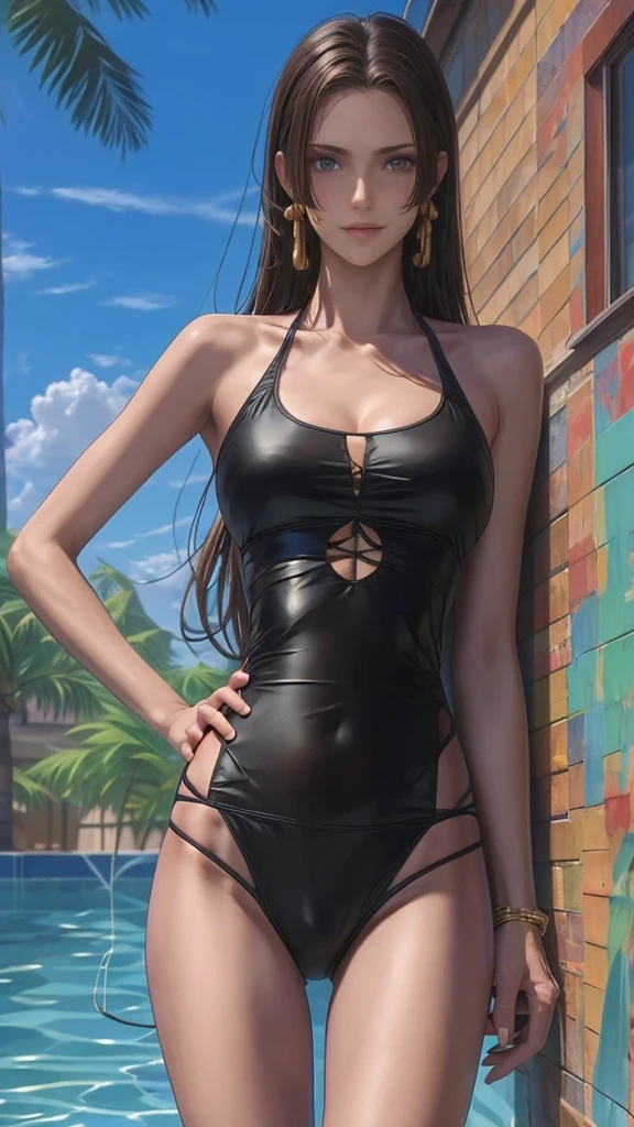 ((Highest quality、8k、masterpiece:1.3)), Long legs, Sharp focus:1.2, Beautiful woman with perfect figure:1.4, Slim Abs:1.1, The background is the pool, ((Dark brown hair、Shortcuts)), ((Racing-style swimsuit, Swimwear, )), Highly detailed face and skin texture, Detailed eyes, double eyelid, Poses that accentuate the chest, 35-year-old woman