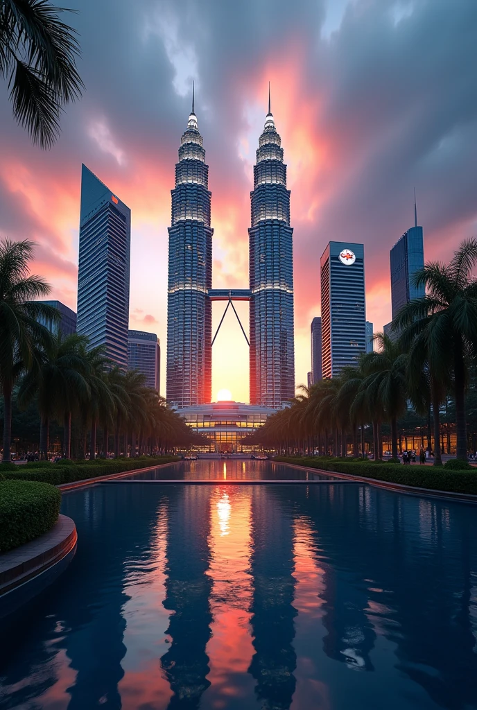 (a big malaysia flag,klcc tower,kuala lumpur cityscape,detailed architecture,realistic 3d render,dramatic lighting,dynamic angle,beautiful vibrant colors,cinematic,ultra-detailed,8k,high resolution,photorealistic,detailed clouds,stunning sunset sky,reflecting pool,lush greenery,sharp focus,hdr quality,4k,8k,highres,masterpiece:1.2),ultra-detailed,(realistic,photorealistic,photo-realistic:1.37),city skyline,KLCC towers,Malaysia,timelapse,long exposure photography,dramatic lighting,vibrant colors,glowing skyscrapers,reflections in water,movement blur,cinematic composition,architectural details,modern cityscape