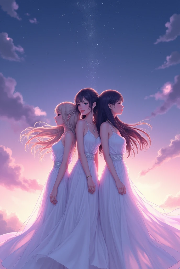 Three real realistic anime ladies standing backwards, wearing pretty white dresses, first one has long hair, second one has braids, third one has short hair, the background is pastel purple/dark blue with stars