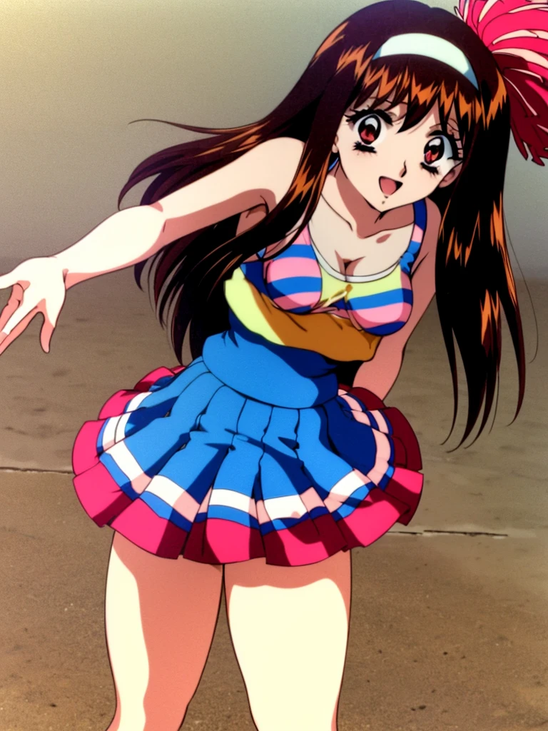 Yuuki Mizuho, One person, alone, Long Hair, hair band, Brown Hair, Red eyes, Open your mouth, blush, Lips parted, liar, (cheerleader:1.3), (pleated skirt:1.3),(stripe crop top:1.2), sleeveless shirt, large breasts,(under boob:1.1),miniskirt, thighs,short hair,two side up, hair ornament, holding pom poms,(panties,cameltoe:1.1),(sweat:1.1), Wet,smile,open mouth,(dancing,outdoors:1.3), From above, retro artstyle, 1990s (style), expensive quality, very_expensive_solve, big_file size, Full Color,
