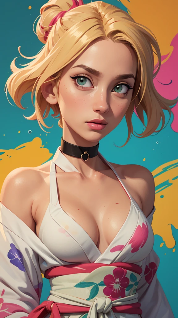 one girl, solo, abs, slender body, (upper body, bust:1.2), green eyes, blonde hair, bare shoulders, masterpiece, highly detailed, look at viewer, front view, (paint splashes:1.5), (abstract, psychodelic:1.5), (small breasts, tiny breasts, deep cleavage:1.5), (yukata, choker:1.3), (transgressive art, octane render , saturated colors, pastel colors:1.3), (paint splashes background, colorful background:1.3)