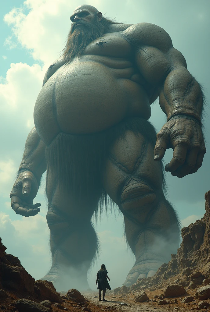 A giant as big as a mountain Looking up from below Huge belly Lower Body feet
