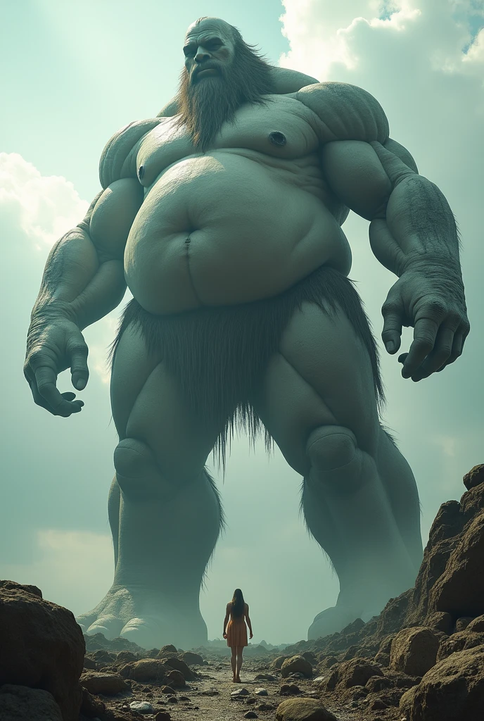 A giant as big as a mountain Looking up from below Huge belly Lower Body feet