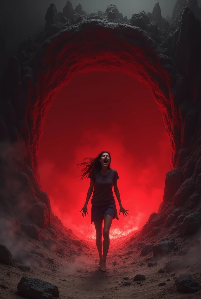 a dark red hole in the ground, tries to subsidize a screaming woman,