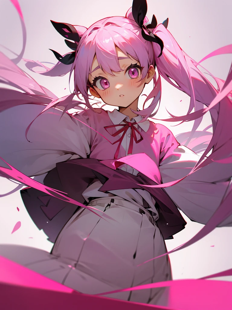 Twin tails、Big ribbon、Hata、pink、whole body