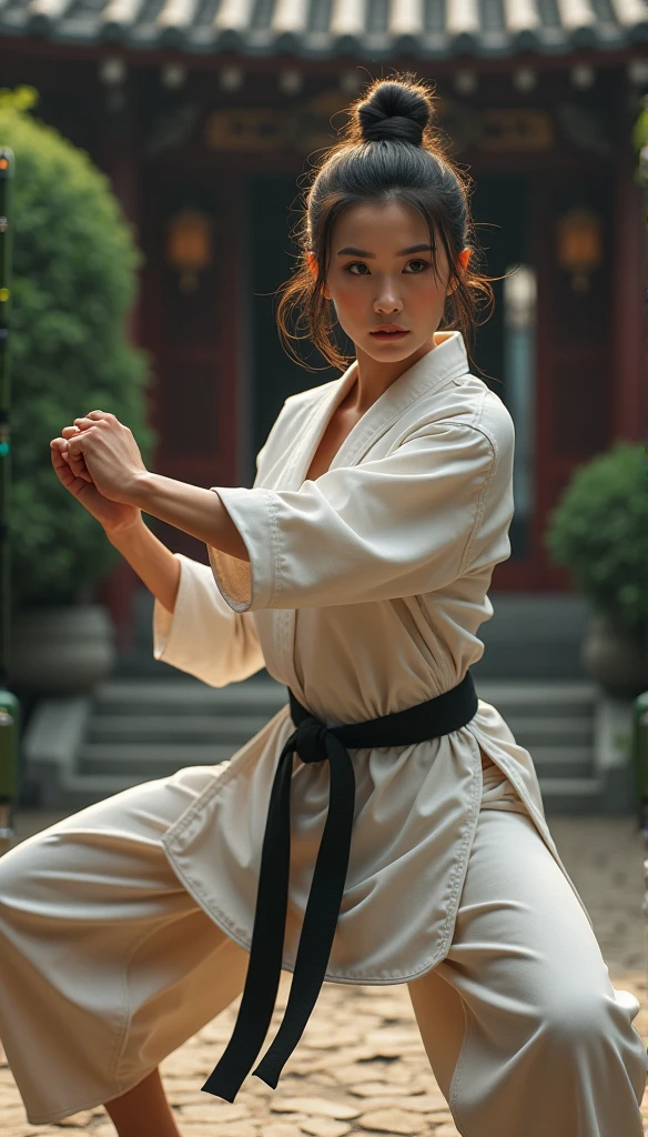 Realistic busty 35yo woman,Karateka,shaolin temple,ultimate form,8k,erotic obscene Performance Special move,