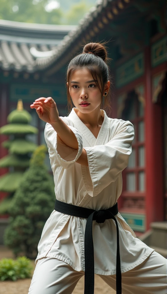 Realistic busty 35yo woman,Karateka,shaolin temple,ultimate form,8k,erotic obscene Performance Special move,