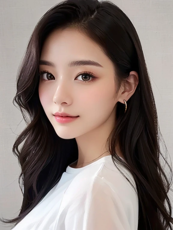 masterpiece、Highest quality、Realistic、超High resolution、High resolution、16k wallpaper、Very detailed、Finer details、Bright studio lighting、In front of the mirror at a stylish hair salon、18-year-old female、Realistic Skin、A faint smile、((Dark Eyes))、Fine eyelashes、Mouth details、Translucent white skin、Platinum gold earrings、a woman with long hair and a white shirt posing for a picture、Tweiss'Tzuyu, Popular Korean makeup, Beautiful Korean Women, Young and adorable Korean face, かわいいKorean女優, Beautiful young Korean woman, ワン愛らしいKorean顔, Jaeyoung Nam, With a cute face, Korean, Korean facial features