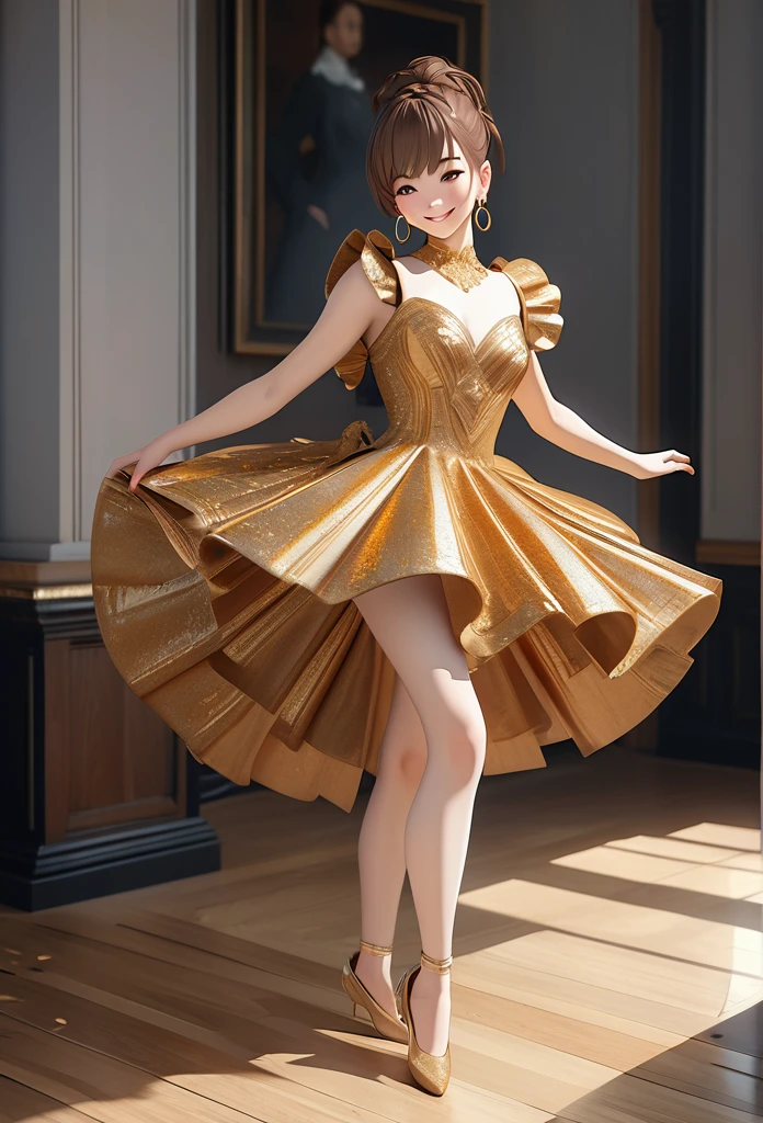 Ultra-realism、One person, High resolution, Shortcuts, smile, Brown Hair, High resolution, masterpiece, Hoop Earrings, Cowboy Shot, Impressionism, 3D Rendering, Anime Style, dancer、whole body,huruBODY