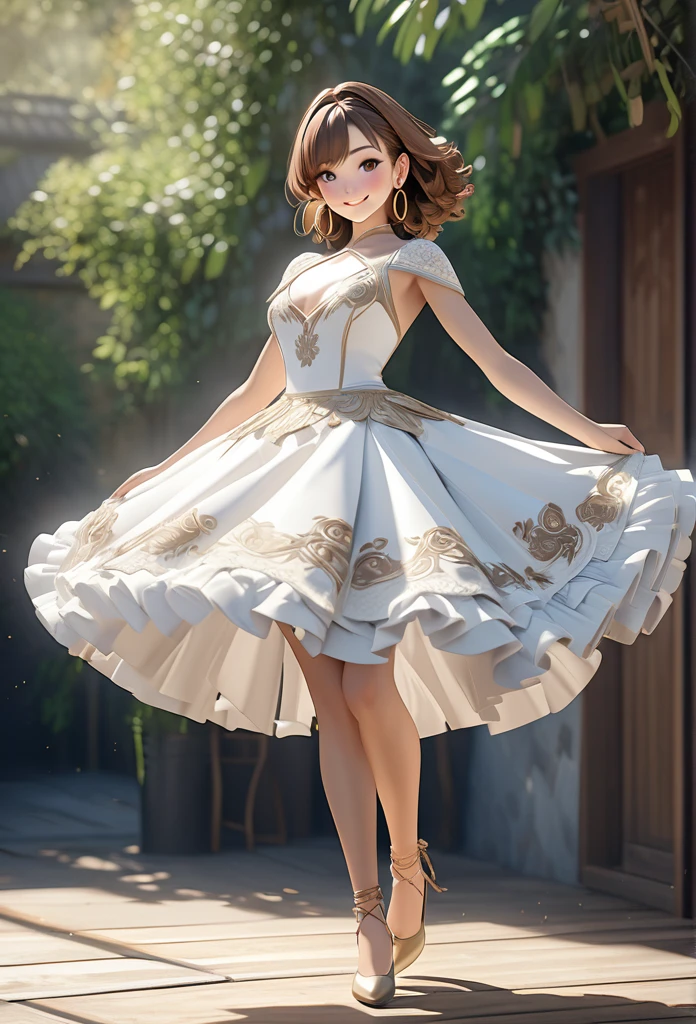 Ultra-realism、One person, High resolution, Shortcuts, smile, Brown Hair, High resolution, masterpiece, Hoop Earrings, Cowboy Shot, Impressionism, 3D Rendering, Anime Style, dancer、whole body,huruBODY