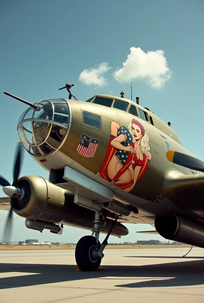 B-17 Flying Fortress plane USAAF LOGO on plane with a illustration of curvaceous pinup curvy DD cup voluptuous 1940s style sexy clothing with posing seductively painted on the fuselage, arms behind back, nose art
