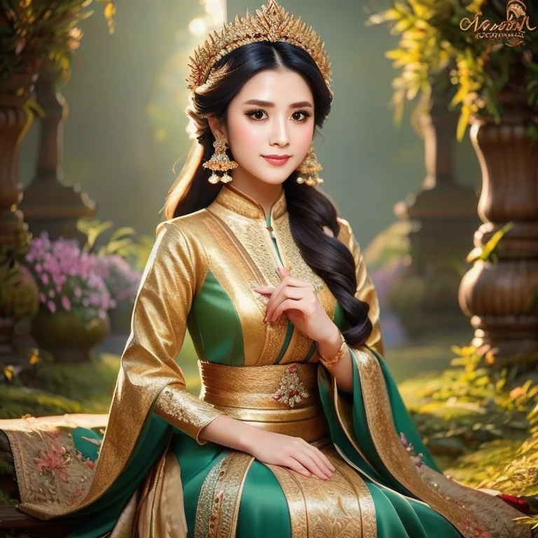Generate an image of Nyi Roro Kidul, the legendary sea queen, depicted in a modest and elegant manner, with a focus on her upper body and face. The image should show her from the waist up, with detailed textures and a clear depiction of her face. She should be wearing an ethereal, fairy-like costume that includes a beautiful, intricate green kebaya, a luxurious batik long skirt, and traditional sanggul hair.
Ensure that the hands are accurately rendered with correct number of fingers and natural proportions. The setting should be a magical and beautiful forest reminiscent of the Himaayan Forest, featuring lush, vibrant greenery and mystical elements.
She should be seated regally on her throne, holding a majestic trident, in a serene and elegant pose. The scene should include a stunning background that enhances the overall aesthetic.
Use Unreal Engine 5 to achieve high-quality graphics with detailed textures, realistic color grading, and beautiful lighting effects. The image should be rendered in 8k resolution with hyper-detail, resembling a high-quality CG unity wallpaper. Ensure the final result is a masterpiece with an emphasis on elegance and the enchanting beauty of the character in her fairy-like attire.
