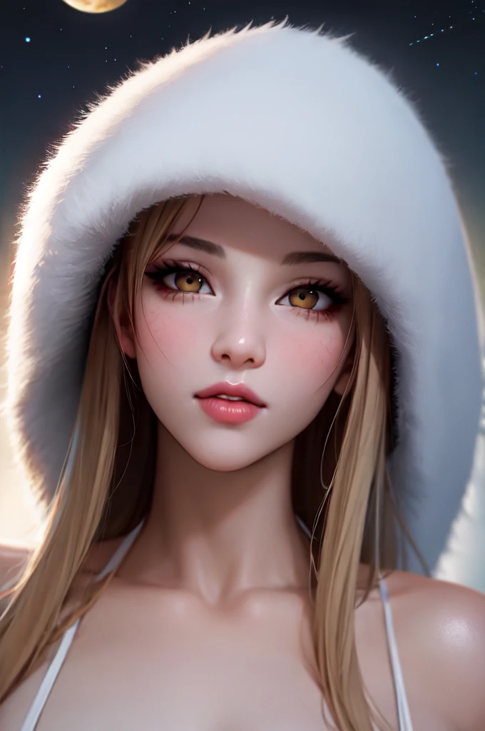 One Man, Beautiful Face, ((White eyes)), Sexy pose, A yellow moon in the background, performer, space, (Lightroom:1.13), Soft Light, (Natural skin texture:1.2), (Hyperrealism:1.2), Sharp focus, Concentrated,[[Realistic]]