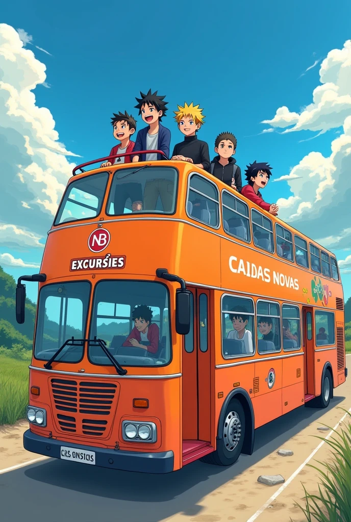 A double-decker travel bus with 4 male friends on top, the bus is written as going to Caldas Novas and with a logo that says NB EXCURSÕES. The bus is orange and the four friends are characterized as in the Naruto anime.