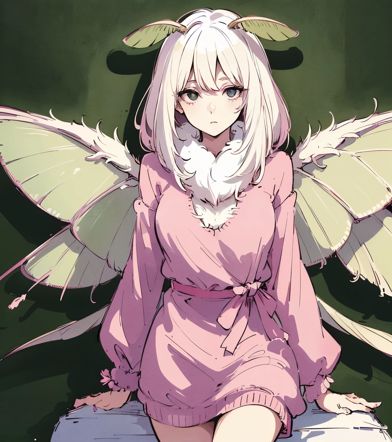 (best quality, masterpiece:1.2),(moth girl), full of details, depth, (Mature), (Busty), Black eyes, ((Short white hair)), ((hair is fluffy)), ((white fluff around neck, wrist, and ankles)), (Light green wings with dark pink tips), ((Casual clothes)), portrait poster, looking at the viewer 