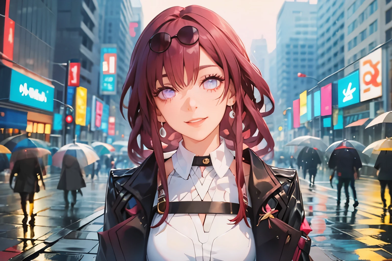 Walking in the rainy city,View here,Building district,(masterpiece, Highest quality, Highest quality, Official Art, beautifully、aesthetic:1.2,Cinema Lighting,Ray Tracing), (One person), Big purple eyes, Shiny white skin, Perfect Skin,Very cute smile, Laughing with your mouth open,Bright pink blush on cheeks, Hollow Eyes,pantyhose,He throws a black jacket over his shoulder.