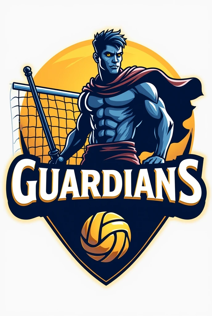 Create a graphic logo that includes the letters "Guardians", with the objects a net and a volleyball, in addition, with the image of a guardian and with the golden and blue colors