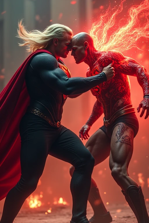 Make Superman fighting a long-haired blonde man, wearing black pants and black boots, His body has tattoos with demonic symbols in red, these have the power of energy and on his back he has a red spirit.