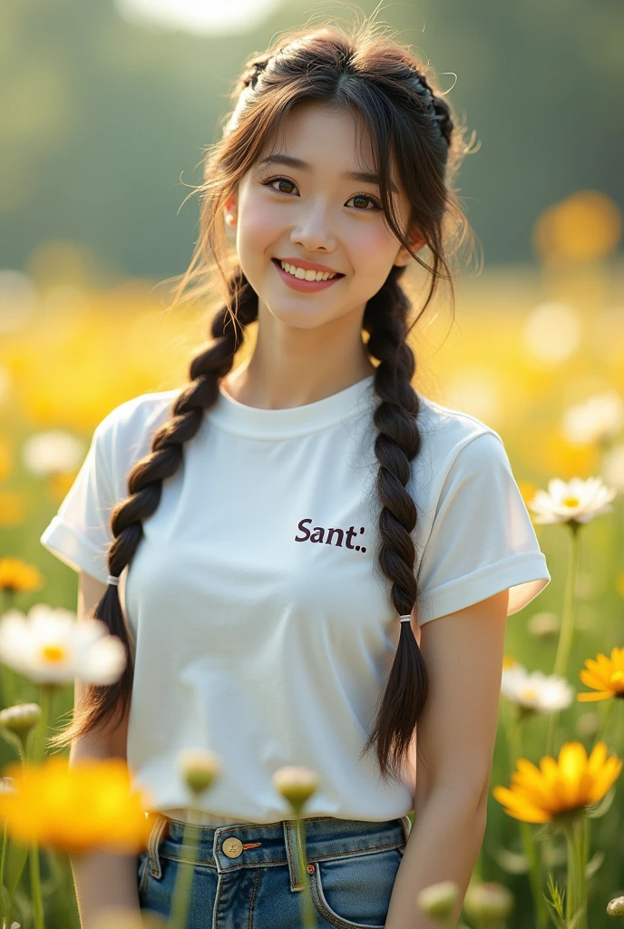 1 girl, Korean with beautiful skin, well-groomed face, flowers, , roses, solo, outdoor, field, white short t-shirt, Santi logo shirt, holding, braided hair, field of flowers, ,Levis pants, realistic, brown hair, smiling, eyes brown, black hair, long, twintails, looking towards the viewer, standing, yellow flowers